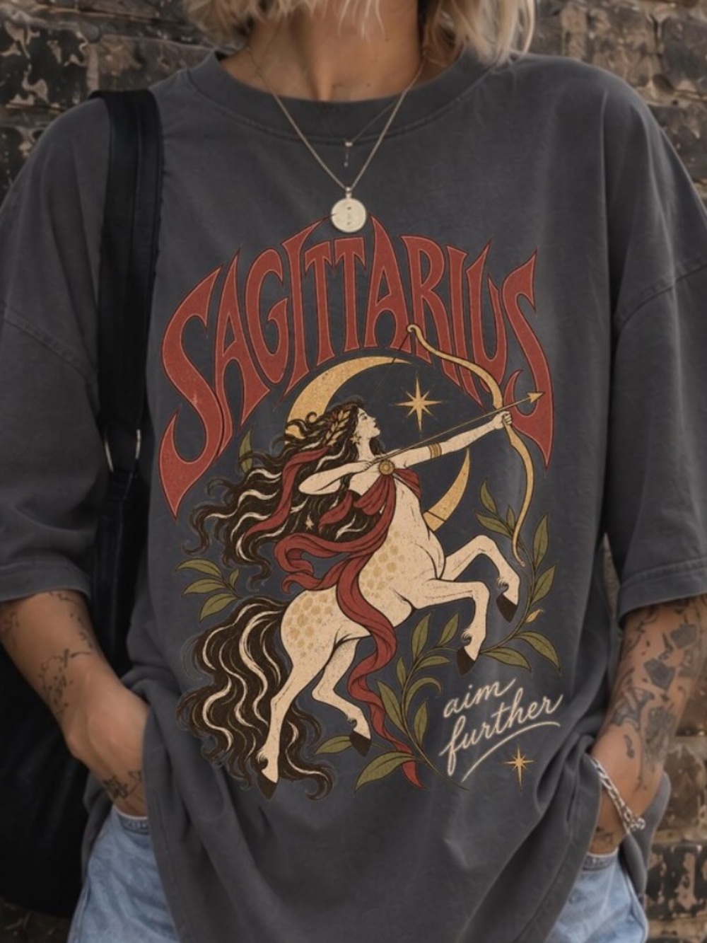 Sagittarius Aim Further Centaur Zodiac Moon Leaves Vintage Charcoal T-Shirt